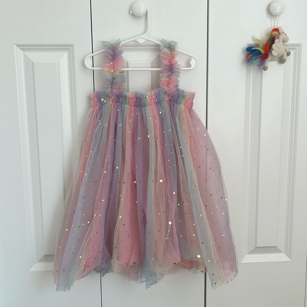 Kids rainbow ruffle dress with gold stars